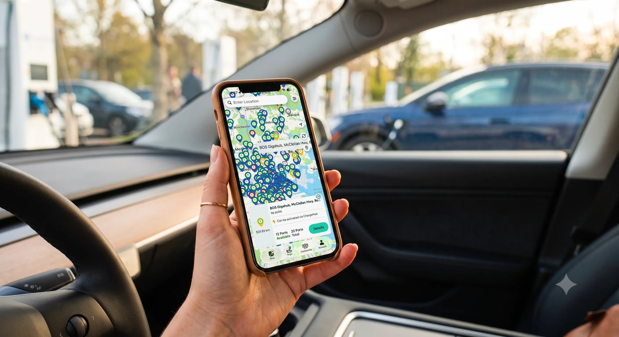 ChargeHub app map showing a bp pulse fast charging station ready to activate