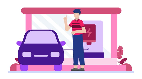 Illustration of a driver charging their electric car at a residential charging station