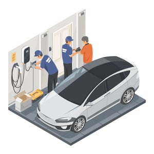  Illustration de techniciens installant une borne de recharge pour voiture électrique à domicile