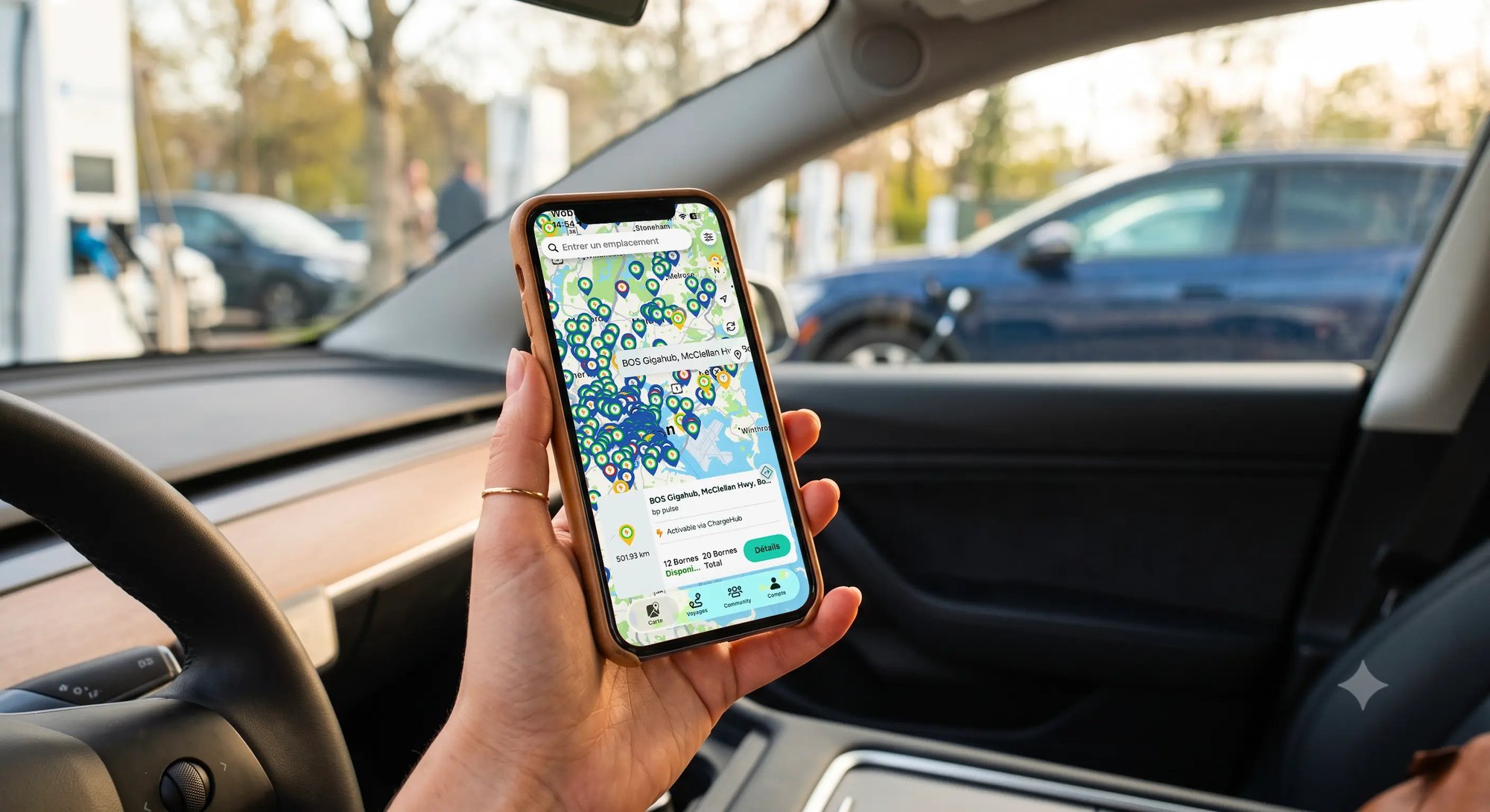 Carte de l'appli ChargeHub affichant une borne bp pulse activable en un clic