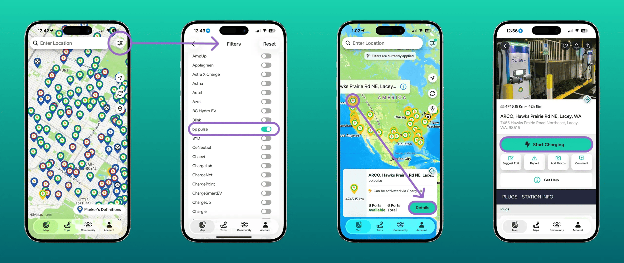 Step-by-step screenshots: activating and starting a bp pulse charging session in the ChargeHub app