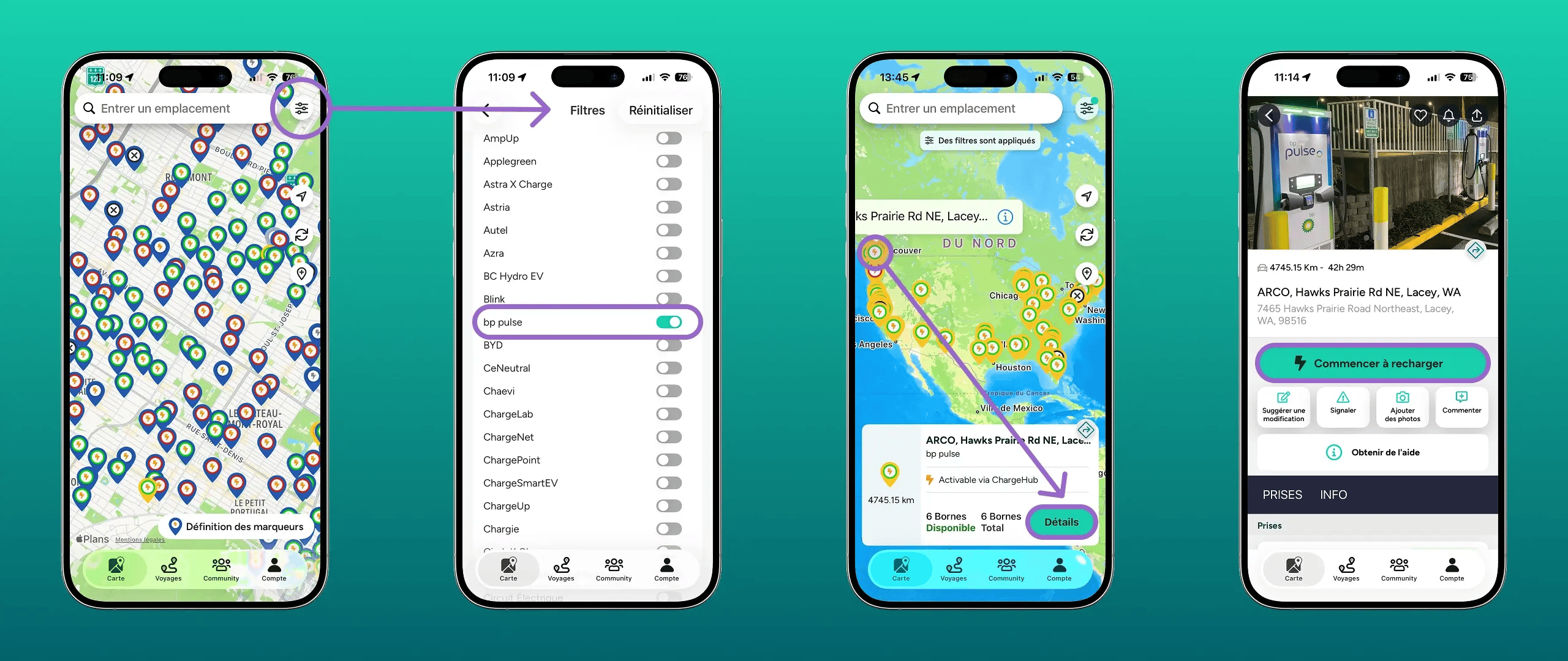Captures d'écran étape par étape : activer et démarrer une recharge bp pulse dans l'appli ChargeHub