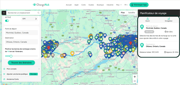itinéraire avec bornes de recharge