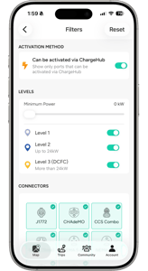 ChargeHub app filters to find a charging station compatible with your EV