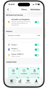 Filtres de l'application ChargeHub pour trouver une borne compatible avec son VE