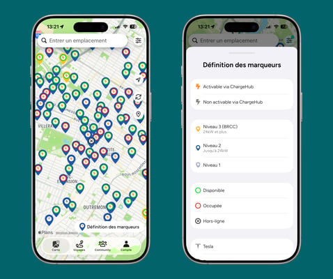 Disponibilité des bornes en temps réel par code de couleur dans ChargeHub