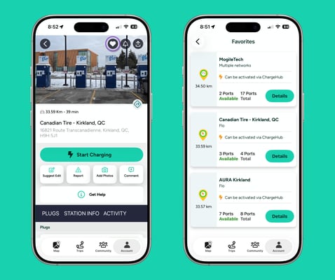 Favourite EV charging stations saved in the ChargeHub app
