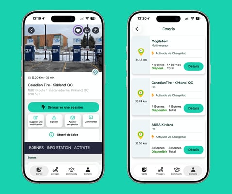 Bornes de recharge favorites enregistrées dans l'application ChargeHub
