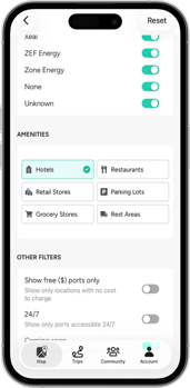ChargeHub map showing the hotel filter to find hotels with EV charging