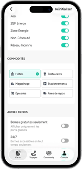 Carte ChargeHub avec le filtre hôtel activé pour trouver un hébergement avec recharge