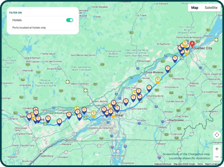 ChargeHub map, hotel filter on, Montreal–Quebec City–Ottawa route with EV-equipped hotels highlighted