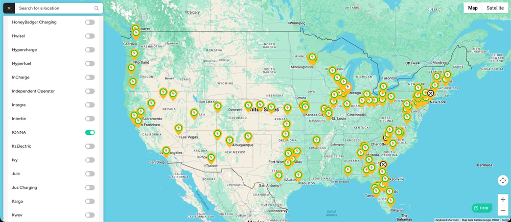 IONNA fast charging stations on ChargeHub app map