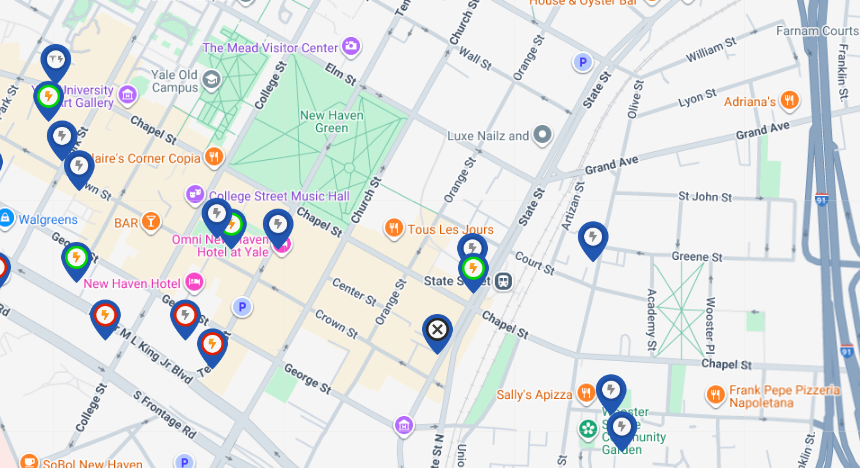 ChargeHub map of EV charging stations in New Haven