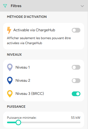 ChargeHub app filters for fast charging stations