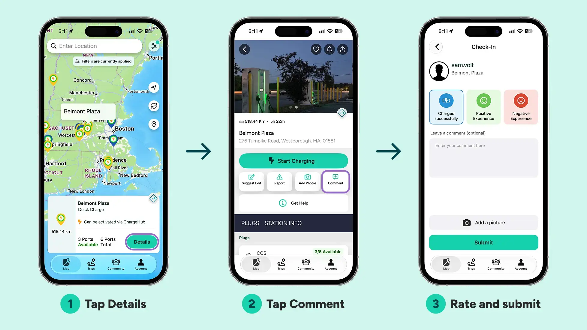 Steps to leave a station comment in the ChargeHub app