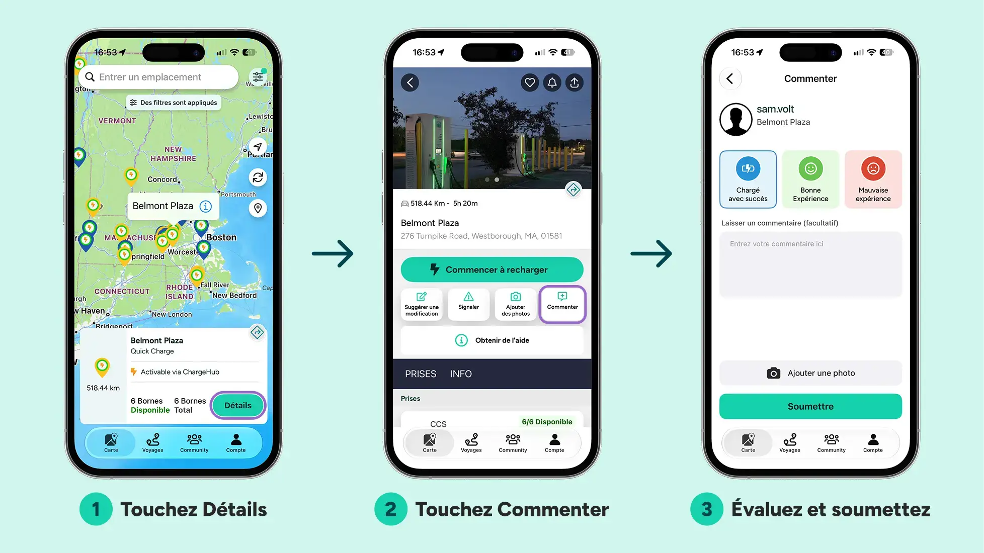Étapes pour laisser un commentaire sur une borne dans l'application ChargeHub