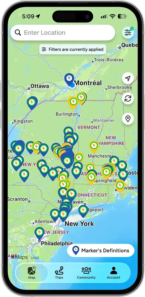 ChargeHub app map filtered to QuickCharge stations