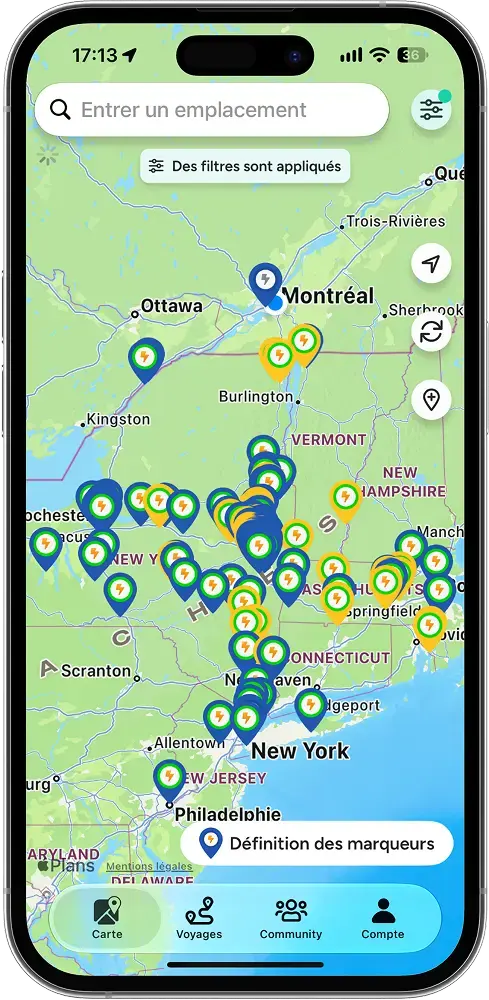Carte de l'application ChargeHub filtrée sur les bornes QuickCharge