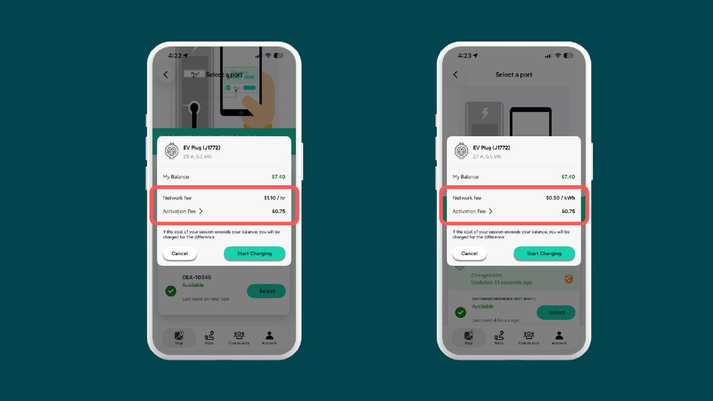 ChargeHub app screens showing the network fee and activation fee before starting an EV charging session