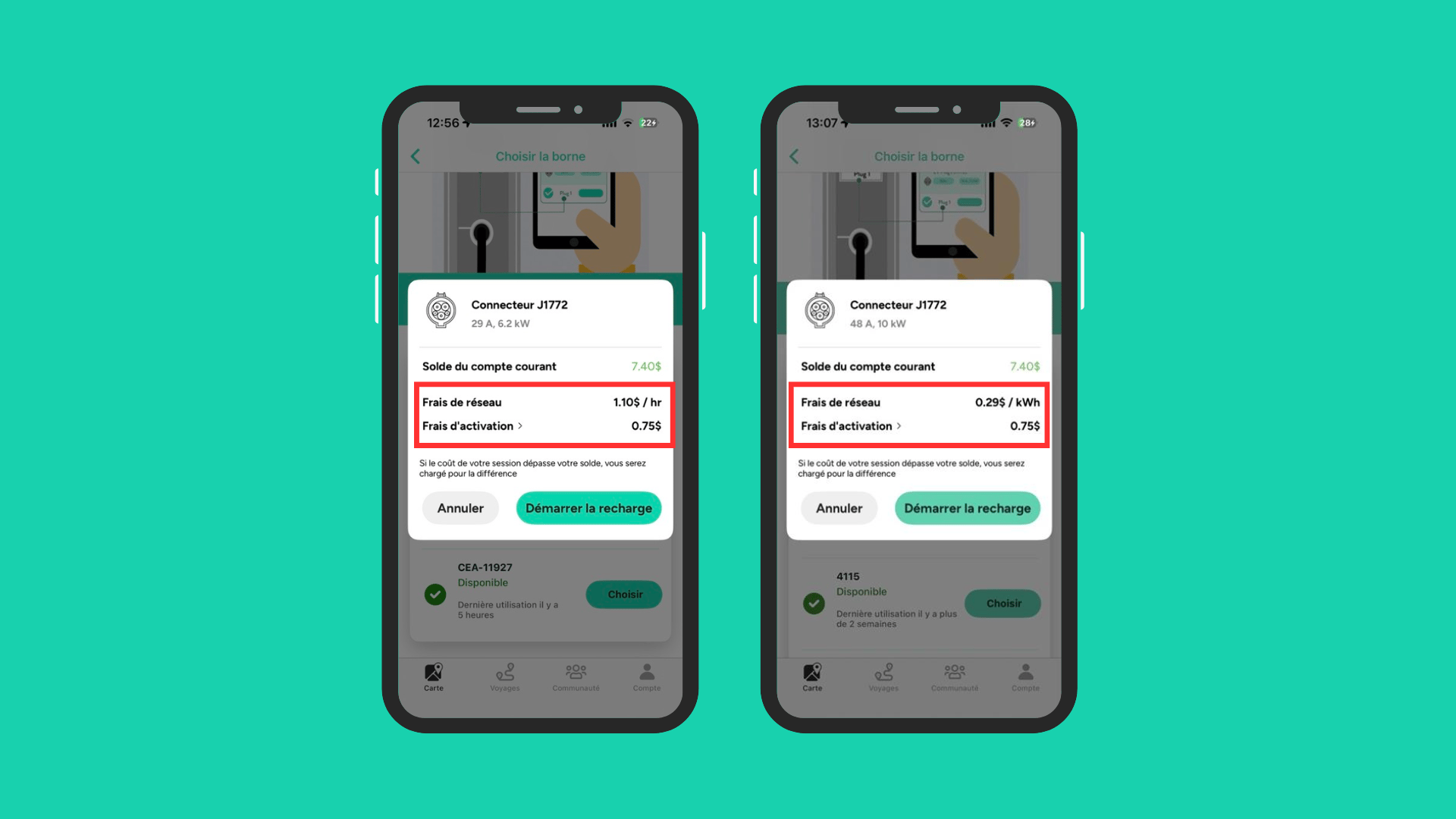 Écrans de l'application ChargeHub affichant les frais de réseau et les frais d'activation avant une recharge de VE