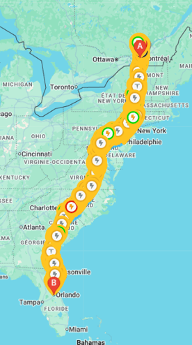  ChargeHub map showing the Montreal to Orlando route with fast EV charging stations along the way.
