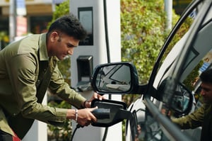 Man preparing to plug a public charging cable into his electric car.