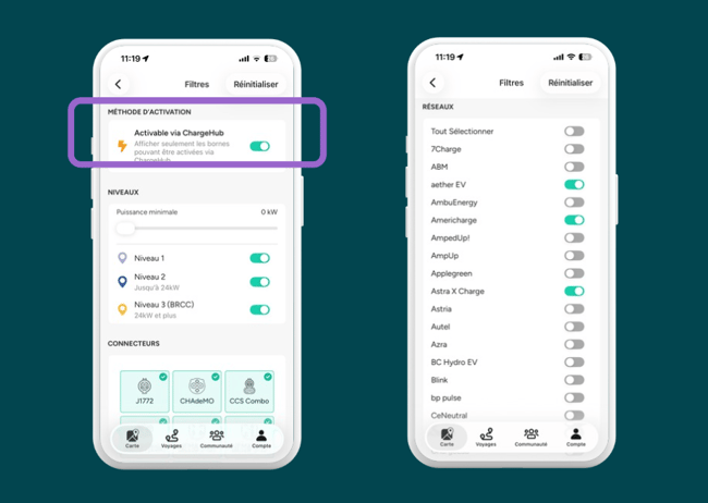 filtre application ChargeHub