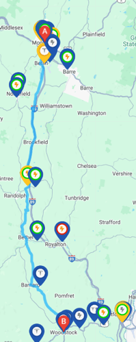 Troy to Wilmington itinerary in Vermont via the ChargeHub planner.
