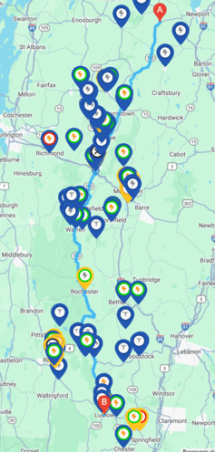 Montpelier to Woodstock itinerary in Vermont, created with the ChargeHub planner.