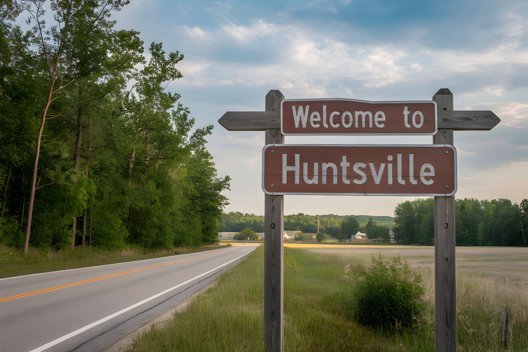 Rustic wooden sign reading “Welcome to Huntsville.” A city located in Alabama at the heart of the United States.