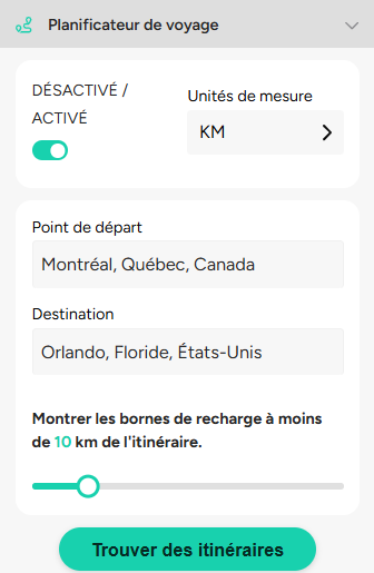 Planificateur de voyage ChargeHub montrant un itinéraire de Montréal à Orlando en voiture électrique, avec l'option d'afficher les bornes de recharge le long du trajet.