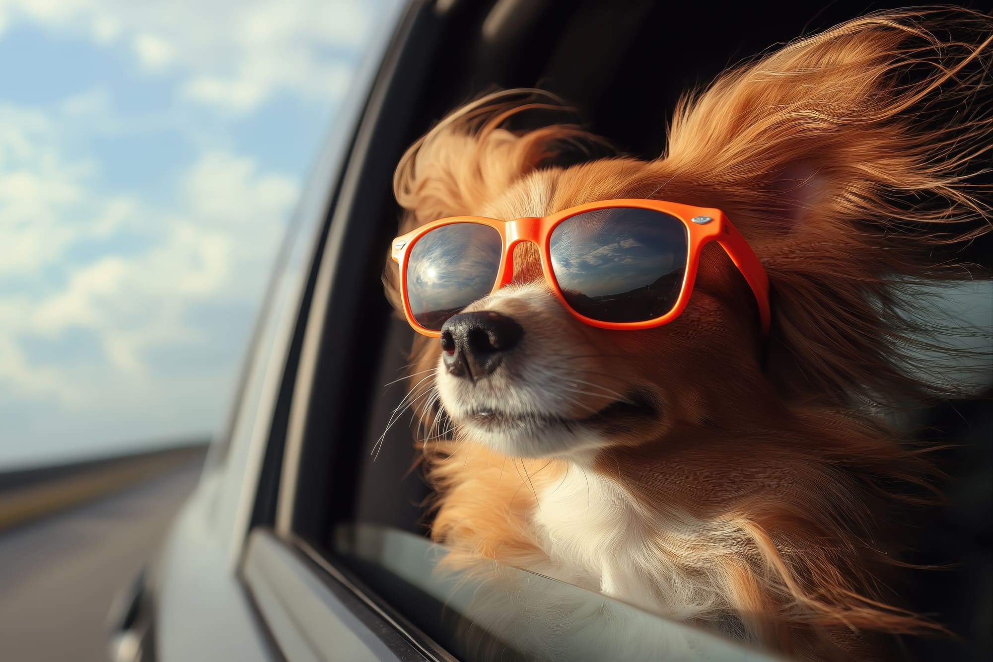 Dog with sunglasses in the back of a car