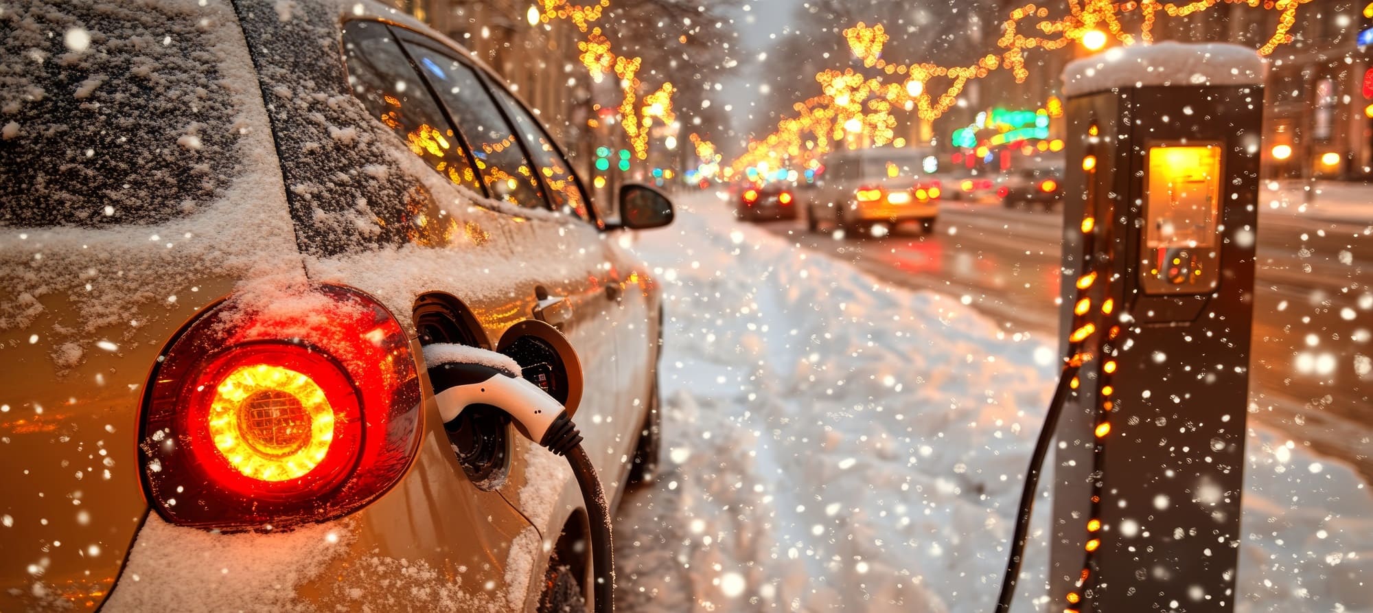 Charging an electric car in the snow during winter